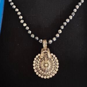 HEIDI DAUS Crystal Statement Necklace Black Beaded Rhinestone Art Deco Pendant